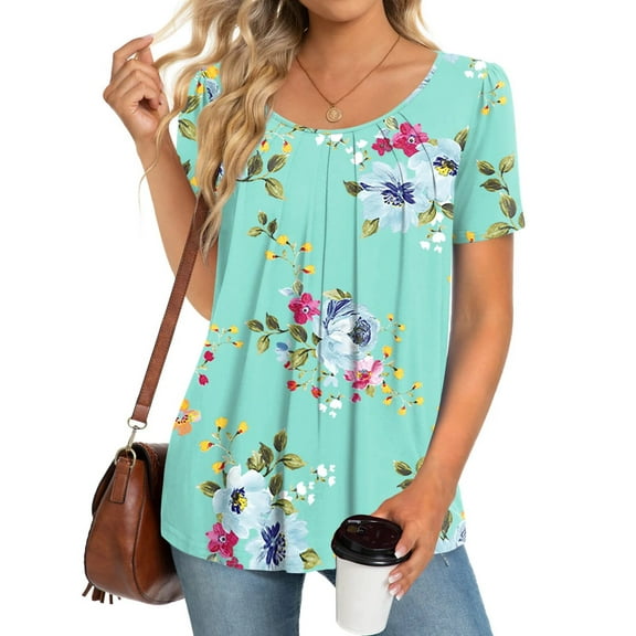 Fantaslook Dressy Blouses for Women Pleated Short Sleeve Tunic Tops Casual Floral Shirts