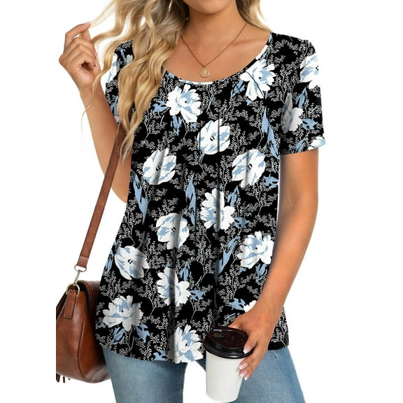 Fantaslook Dressy Blouses for Women Pleated Short Sleeve Tunic Tops Casual Floral Shirts
