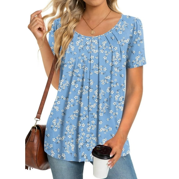 Fantaslook Dressy Blouses for Women Pleated Short Sleeve Tunic Tops Casual Floral Shirts