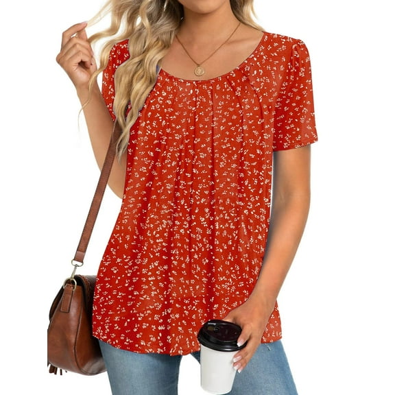 Fantaslook Dressy Blouses for Women Pleated Short Sleeve Tunic Tops Casual Floral Shirts