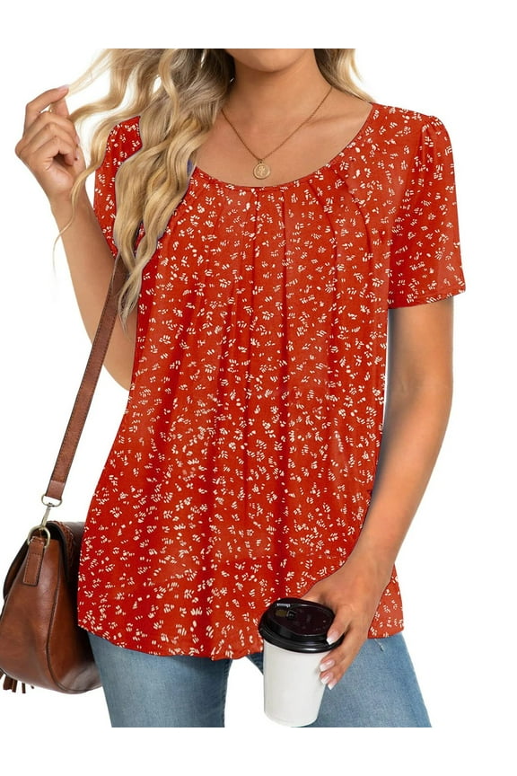 Dressy Blouses for Women Pleated Short Sleeve Tunic Tops Casual Floral Shirts