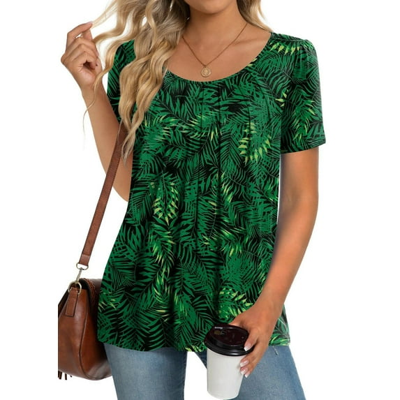 Fantaslook Dressy Blouses for Women Pleated Short Sleeve Tunic Tops Casual Floral Shirts