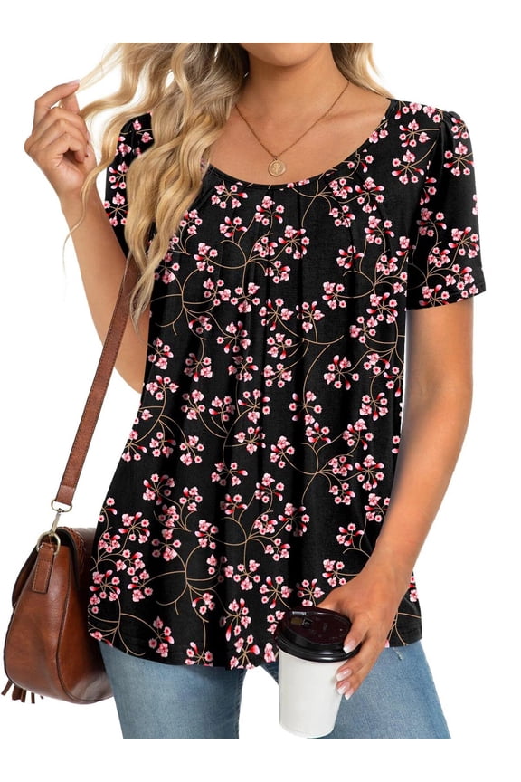 Dressy Blouses for Women Pleated Short Sleeve Tunic Tops Casual Floral Shirts