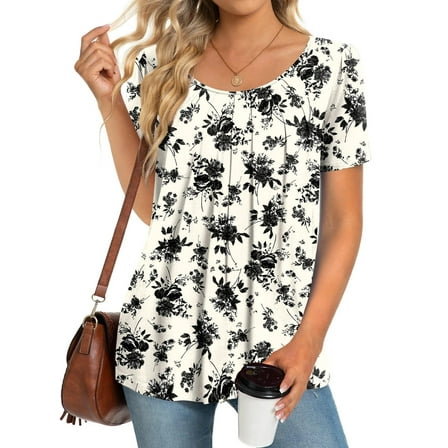 Fantaslook Dressy Blouses for Women Pleated Short Sleeve Tunic Tops Casual Floral Shirts