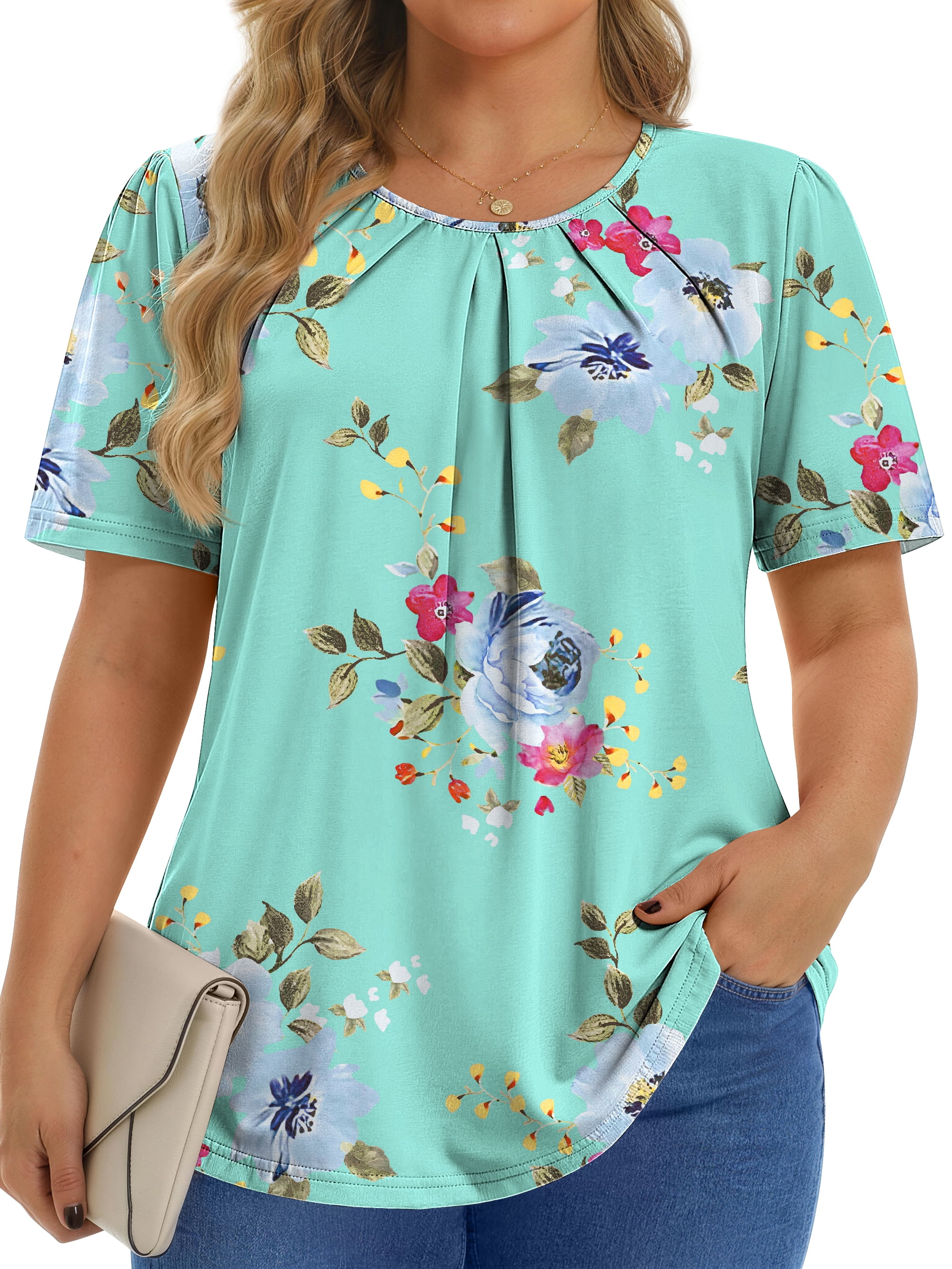 Fantaslook Dressy Blouses for Women Pleated Short Sleeve Tunic Tops ...