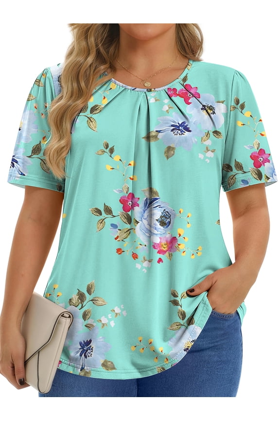 Dressy Blouses for Women Pleated Short Sleeve Tunic Tops Casual Floral Shirts