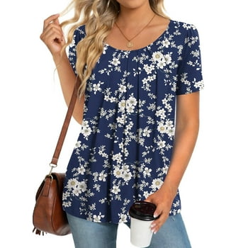Fantaslook Dressy Blouses for Women Pleated Short Sleeve Tunic Tops Casual Floral Shirts