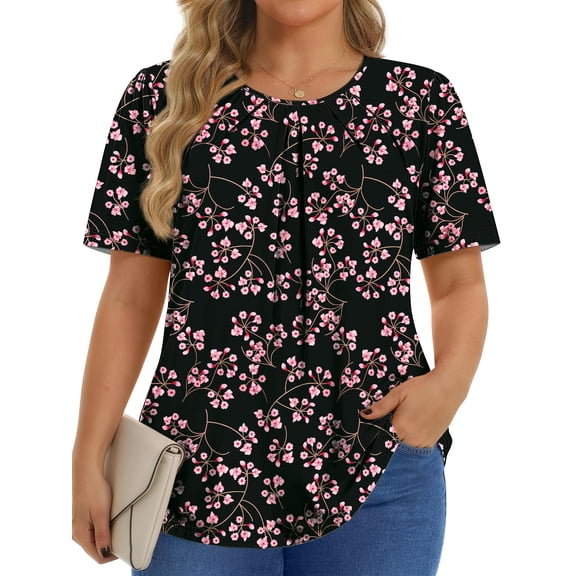 Fantaslook Dressy Blouses for Women Pleated Short Sleeve Tunic Tops Casual Floral Shirts