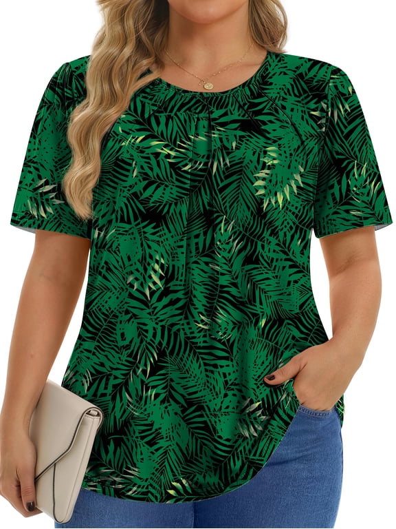 Dressy Blouses for Women Pleated Short Sleeve Tunic Tops Casual Floral Shirts