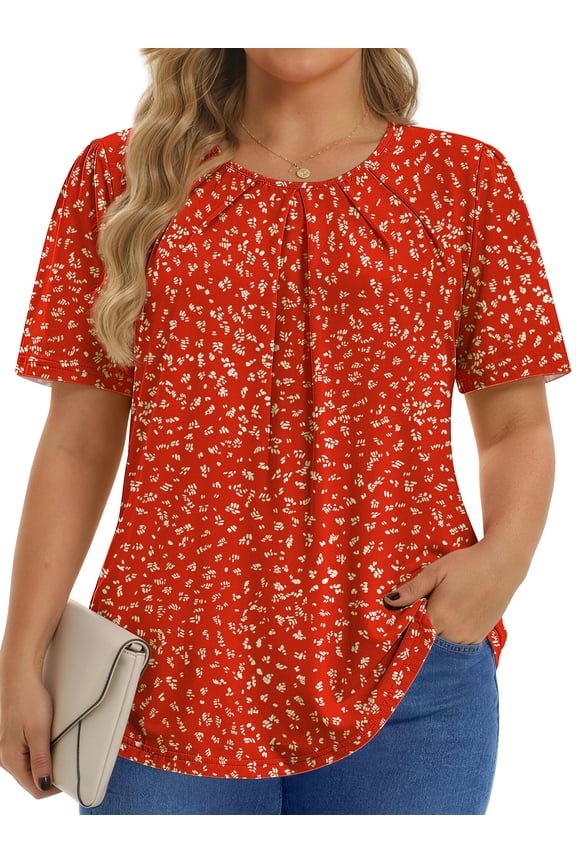 Dressy Blouses for Women Pleated Short Sleeve Tunic Tops Casual Floral Shirts