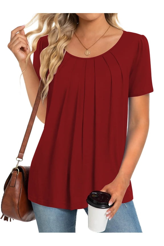 Dressy Blouses for Women Pleated Short Sleeve Tunic Tops Casual Floral Shirts