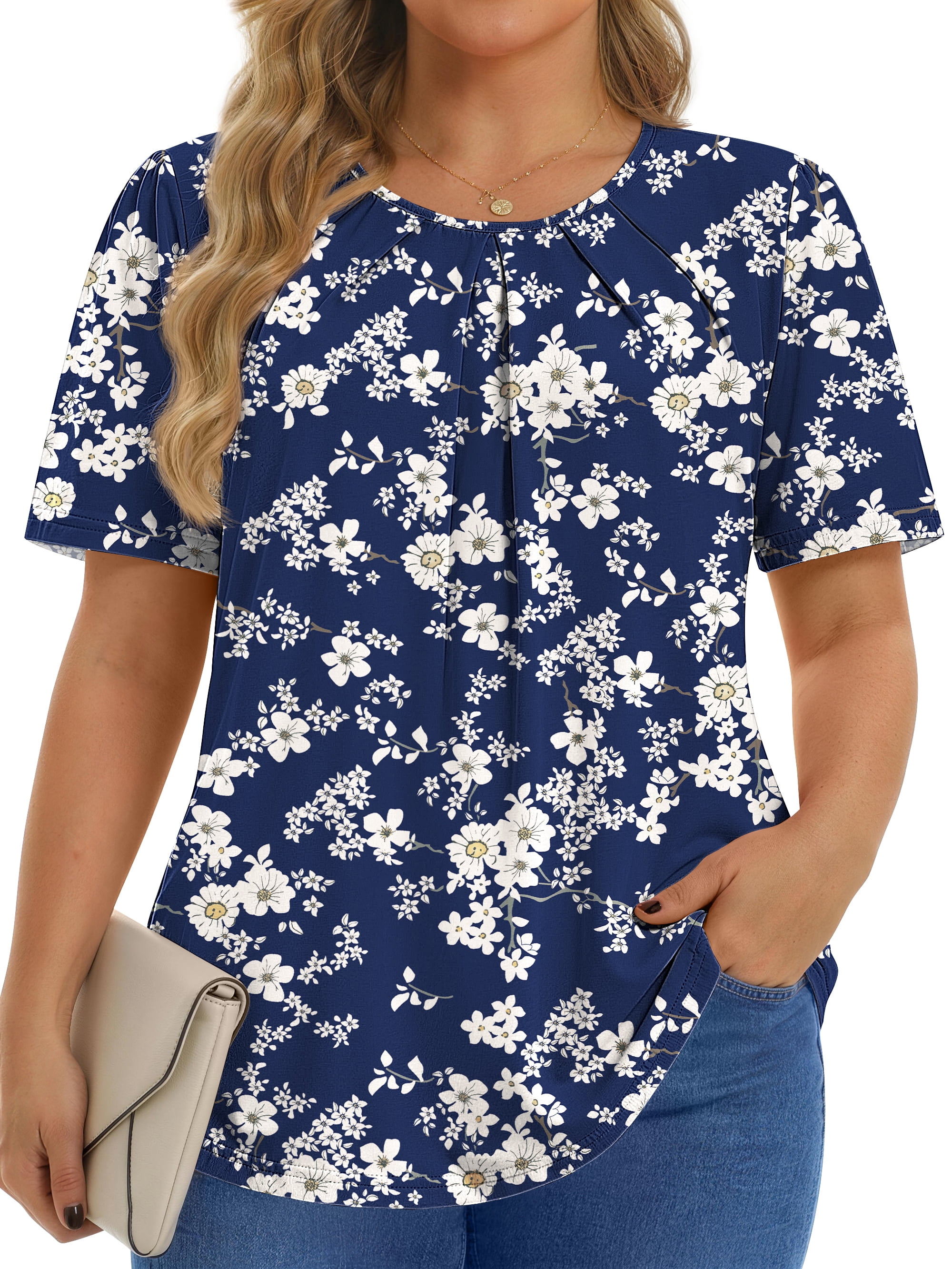 Dressy Blouses for Women Pleated Short Sleeve Tunic Tops Casual Floral Shirts