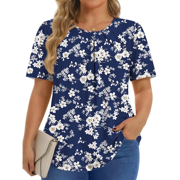 Fantaslook Dressy Blouses for Women Pleated Short Sleeve Tunic Tops Casual Floral Shirts