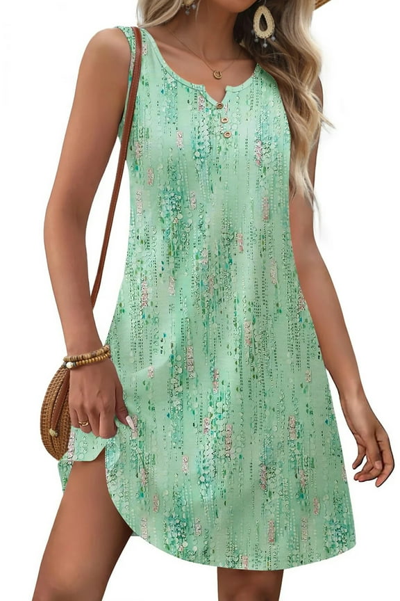 Dressy Tank Dress for Women V Neck Button Dresses Floral Beach Sundress with Pockets