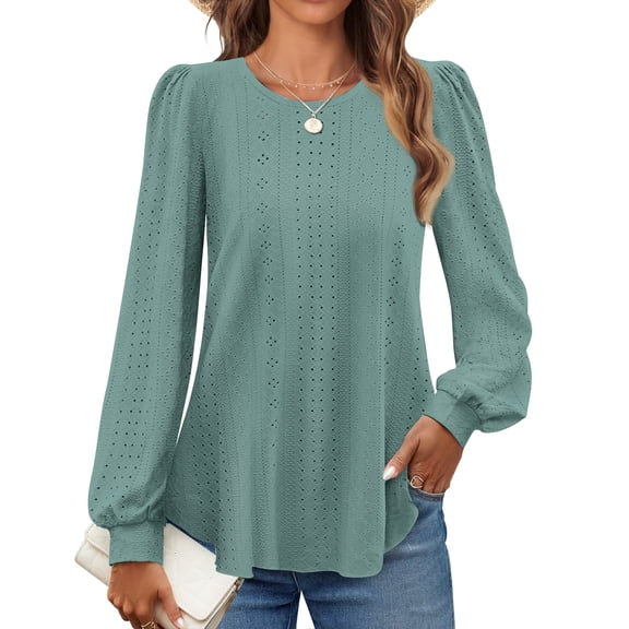 Fantaslook Eyelet Blouses for Women Dressy Casual Long Sleeve Shirts Crew Neck Fall Trendy Tops