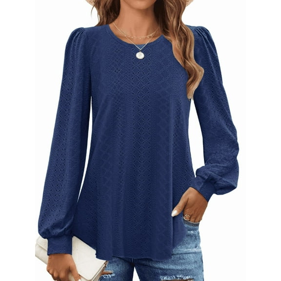 Fantaslook Eyelet Blouses for Women Dressy Casual Long Sleeve Shirts Crew Neck Fall Trendy Tops
