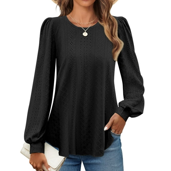 Fantaslook Eyelet Blouses for Women Dressy Casual Long Sleeve Shirts Crew Neck Fall Trendy Tops