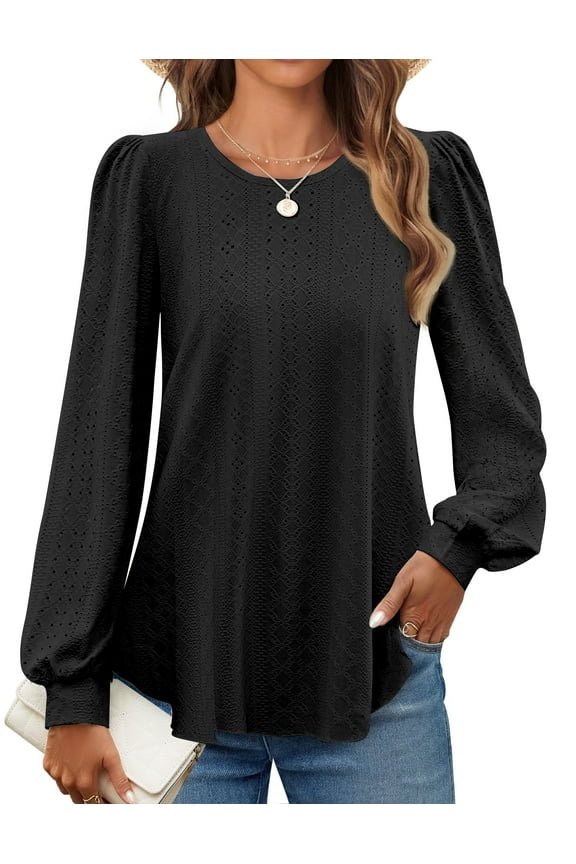 Eyelet Blouses for Women Dressy Casual Long Sleeve Shirts Crew Neck Fall Trendy Tops