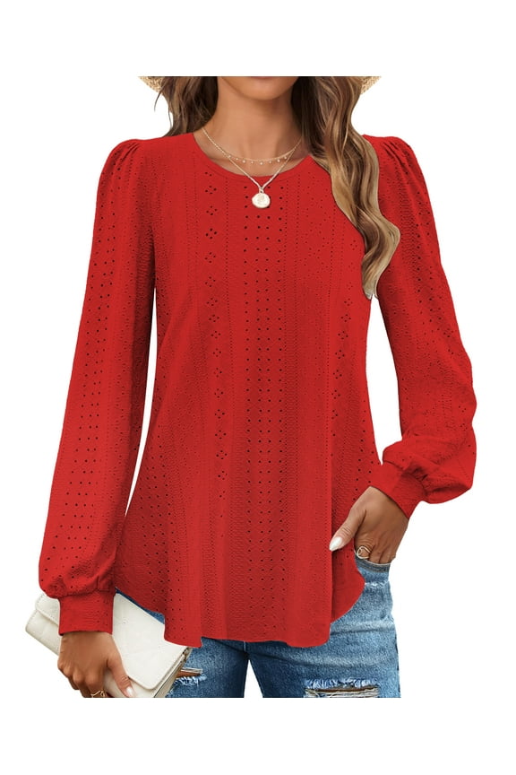 Eyelet Blouses for Women Dressy Casual Long Sleeve Shirts Crew Neck Fall Trendy Tops