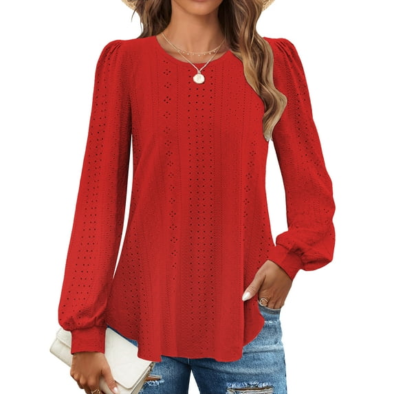 Fantaslook Eyelet Blouses for Women Dressy Casual Long Sleeve Shirts Crew Neck Fall Trendy Tops