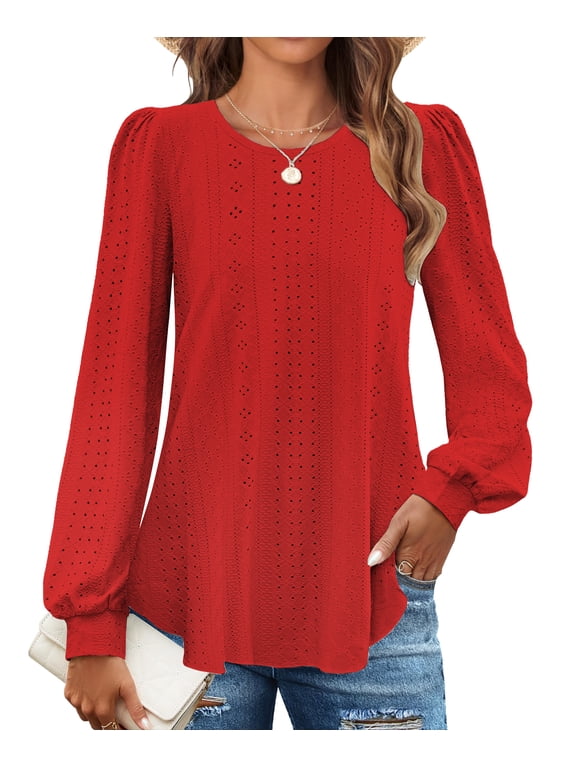 Eyelet Blouses for Women Dressy Casual Long Sleeve Shirts Crew Neck Fall Trendy Tops