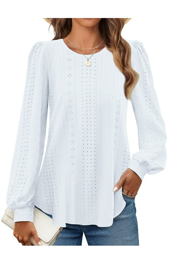 Eyelet Blouses for Women Dressy Casual Long Sleeve Shirts Crew Neck Fall Trendy Tops