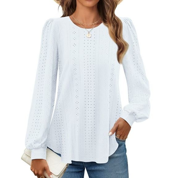 Fantaslook Eyelet Blouses for Women Dressy Casual Long Sleeve Shirts Crew Neck Fall Trendy Tops
