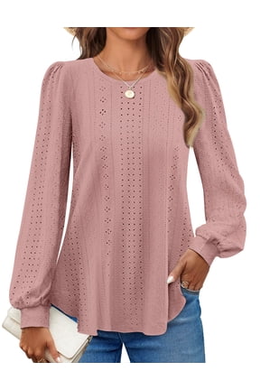 Eyelet Blouses for Women Dressy Casual Long Sleeve Shirts Crew Neck Fall Trendy Tops