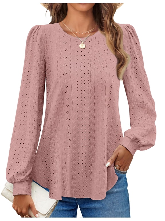 Eyelet Blouses for Women Dressy Casual Long Sleeve Shirts Crew Neck Fall Trendy Tops