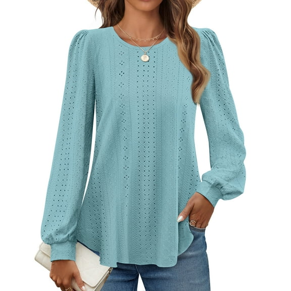 Fantaslook Eyelet Blouses for Women Dressy Casual Long Sleeve Shirts Crew Neck Fall Trendy Tops