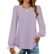 Fantaslook Eyelet Blouses for Women Dressy Casual Long Sleeve Shirts Crew Neck Fall Trendy Tops