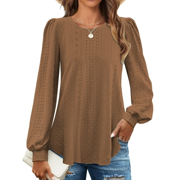 Fantaslook Eyelet Blouses for Women Dressy Casual Long Sleeve Shirts Crew Neck Fall Trendy Tops