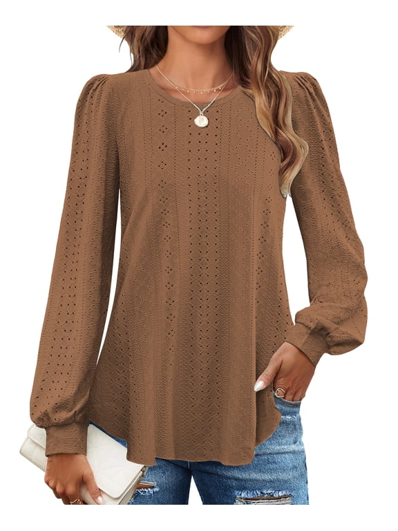 Eyelet Blouses for Women Dressy Casual Long Sleeve Shirts Crew Neck Fall Trendy Tops