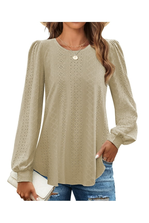 Eyelet Blouses for Women Dressy Casual Long Sleeve Shirts Crew Neck Fall Trendy Tops