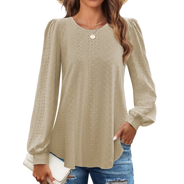 Fantaslook Eyelet Blouses for Women Dressy Casual Long Sleeve Shirts Crew Neck Fall Trendy Tops