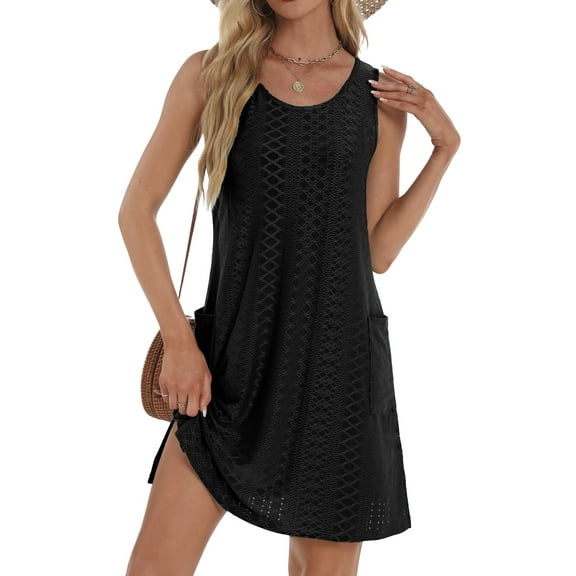 Fantaslook Eyelet Summer Dresses for Women Casual Loose Sleeveless Sundresses Beach Tank Dresses with Pockets