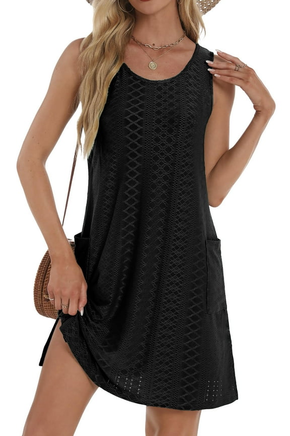 Eyelet Summer Dresses for Women Casual Loose Sleeveless Sundresses Beach Tank Dresses with Pockets