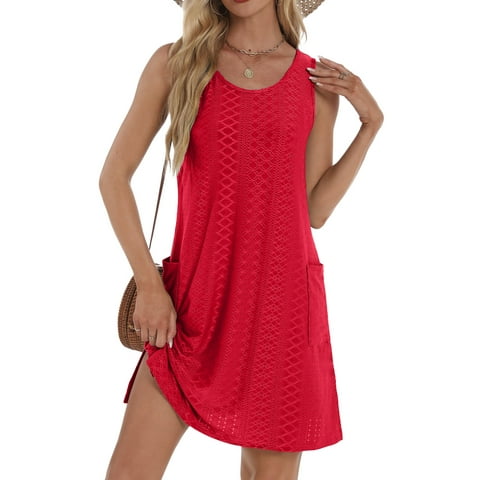Eyelet Summer Dresses for Women Casual Loose Sleeveless Sundresses Beach Tank Dresses with Pockets