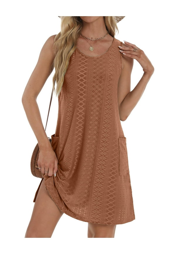 Eyelet Summer Dresses for Women Casual Loose Sleeveless Sundresses Beach Tank Dresses with Pockets