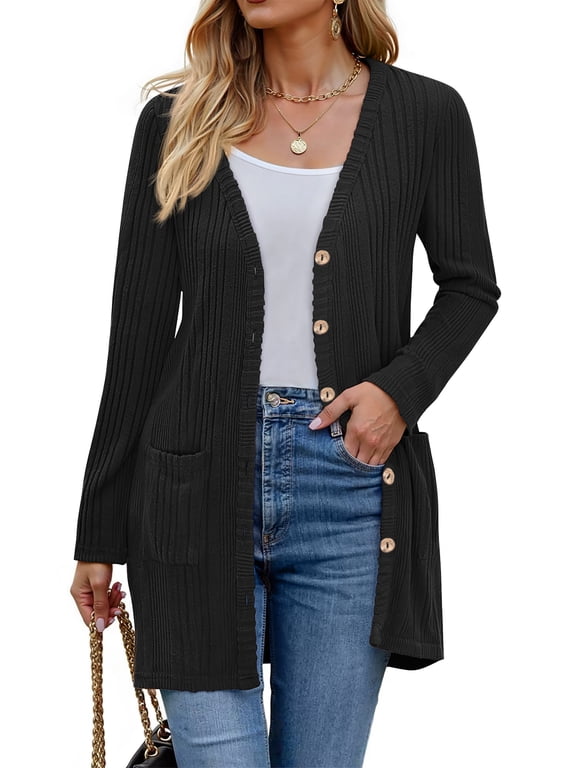 Fall Cardigan for Women Long Sleeve Open Front Cardigan Casual Button Down Coat with Pockets