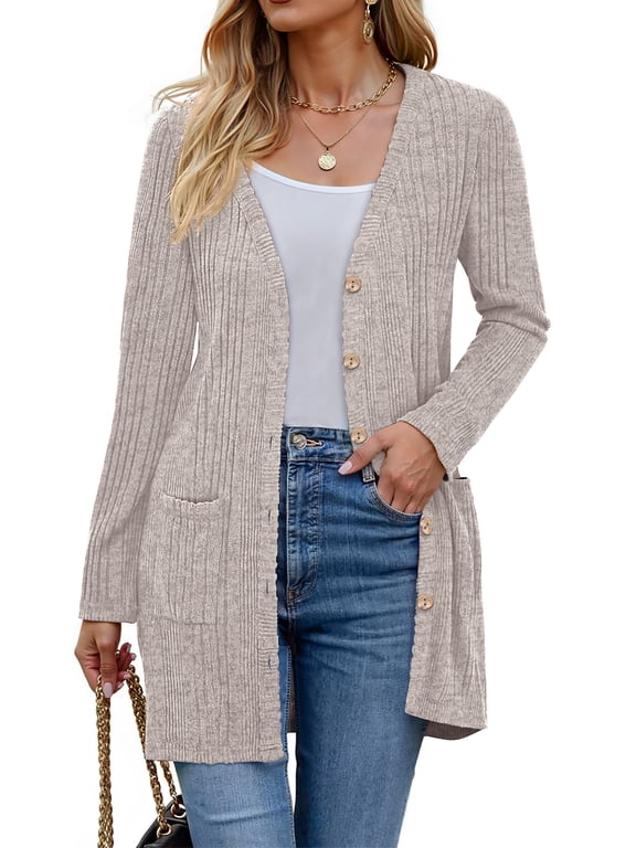 Fall Cardigan for Women Long Sleeve Open Front Cardigan Casual Button Down Coat with Pockets