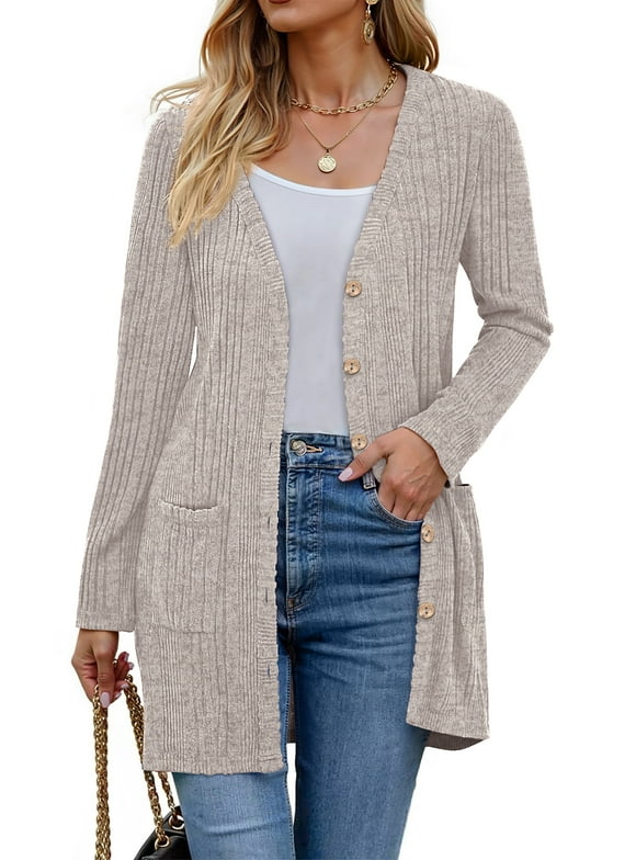 Fall Cardigan for Women Long Sleeve Open Front Cardigan Casual Button Down Coat with Pockets