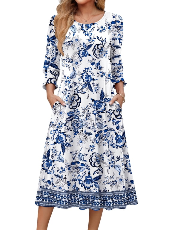 Fall Dresses for Women Smocked 3/4 Sleeve Dress Floral Midi Casual Dresses with Pockets