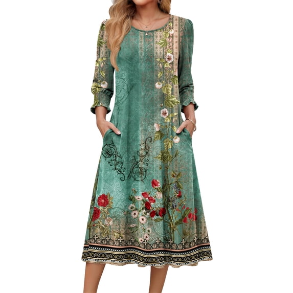 Fantaslook Fall Dresses for Women Smocked 3/4 Sleeve Dress Floral Midi Casual Dresses with Pockets