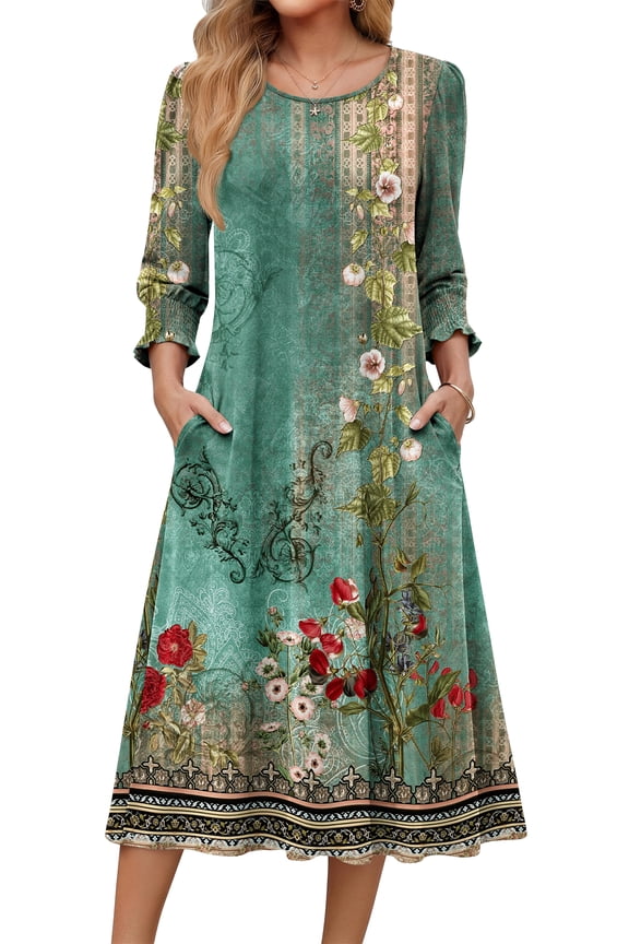 Fall Dresses for Women Smocked 3/4 Sleeve Dress Floral Midi Casual Dresses with Pockets