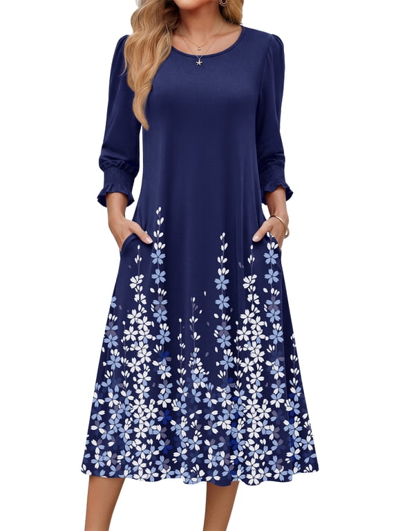 Fall Dresses for Women Smocked 3/4 Sleeve Dress Floral Midi Casual Dresses with Pockets