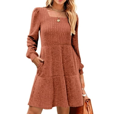 Fantaslook Fall Dresses for Women Square Neck Long Sleeve Dresses Casual Babydoll Sweater Dress