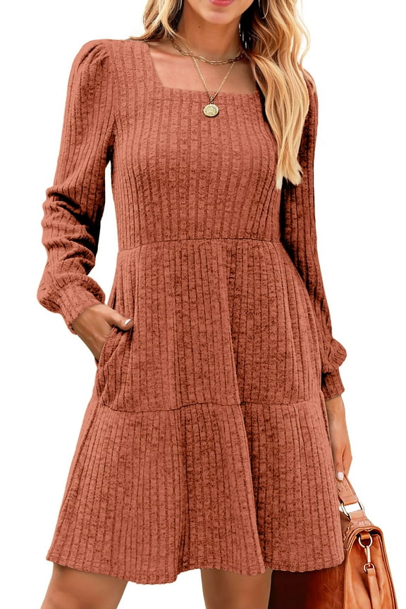 Fall Dresses for Women Square Neck Long Sleeve Dresses Casual Babydoll Sweater Dress