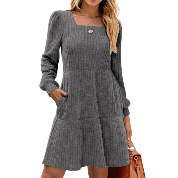Fantaslook Fall Dresses for Women Square Neck Long Sleeve Dresses Casual Babydoll Sweater Dress