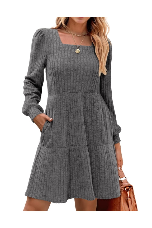 Fall Dresses for Women Square Neck Long Sleeve Dresses Casual Babydoll Sweater Dress